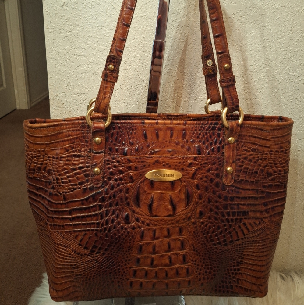 BRAHIM CROC TEXTURE BROWN LEATHER HANDBAG